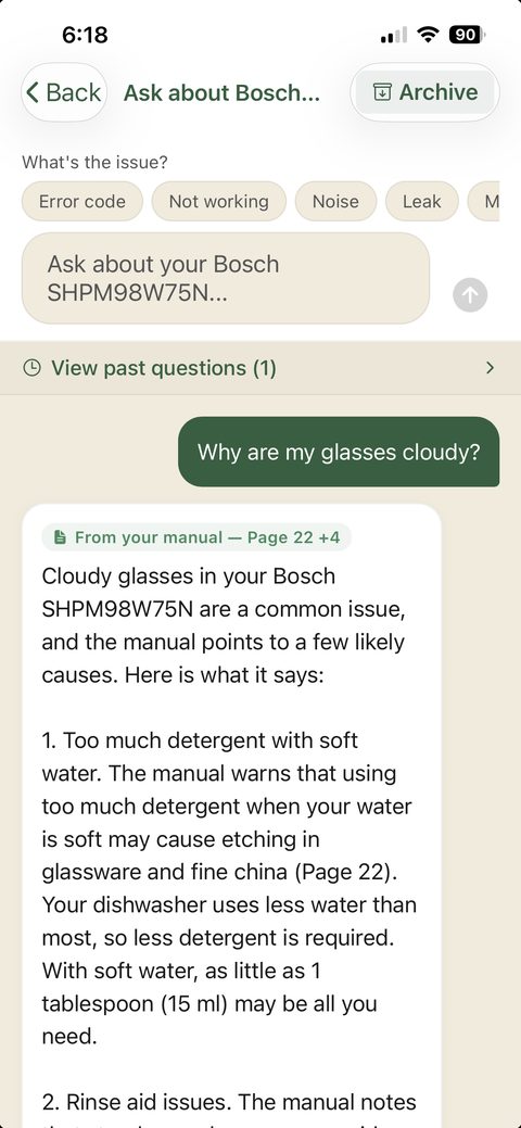 An answer badged From your manual, Page 22, responding to a question about cloudy glasses.