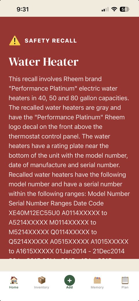 A full-screen safety-recall alert for a matched Rheem water heater, showing the fire-hazard notice and next steps.